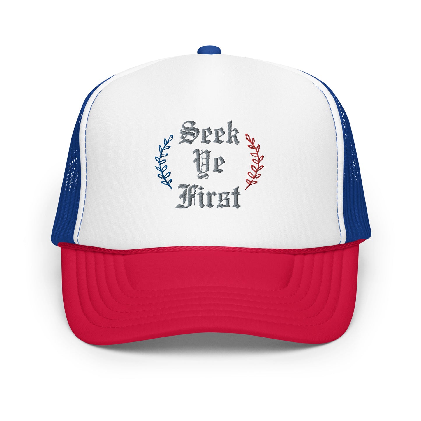 Old English Trucker Hat - Red, White, and Blue