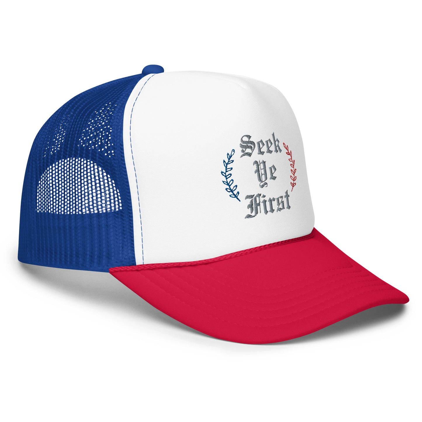 Old English Trucker Hat - Red, White, and Blue
