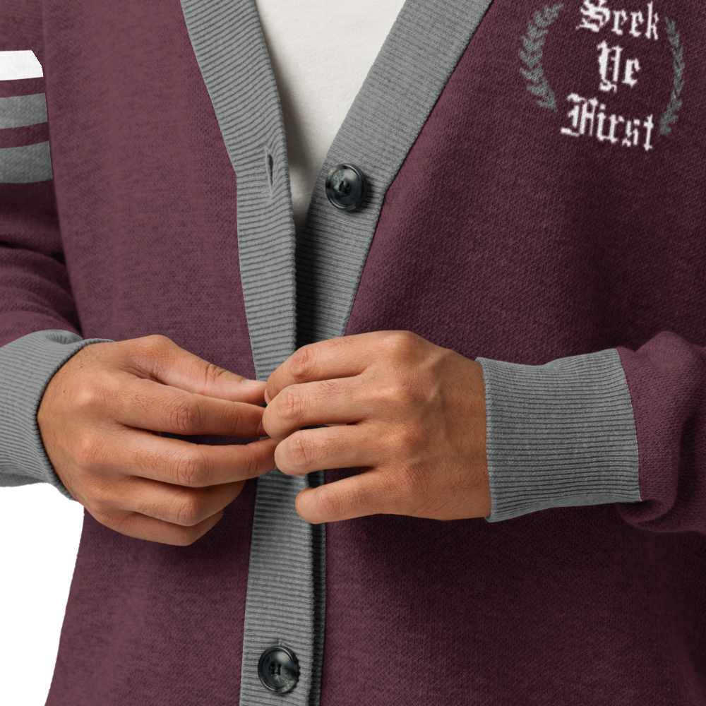 Old English Knitted Cardigan - Maroon and Grey