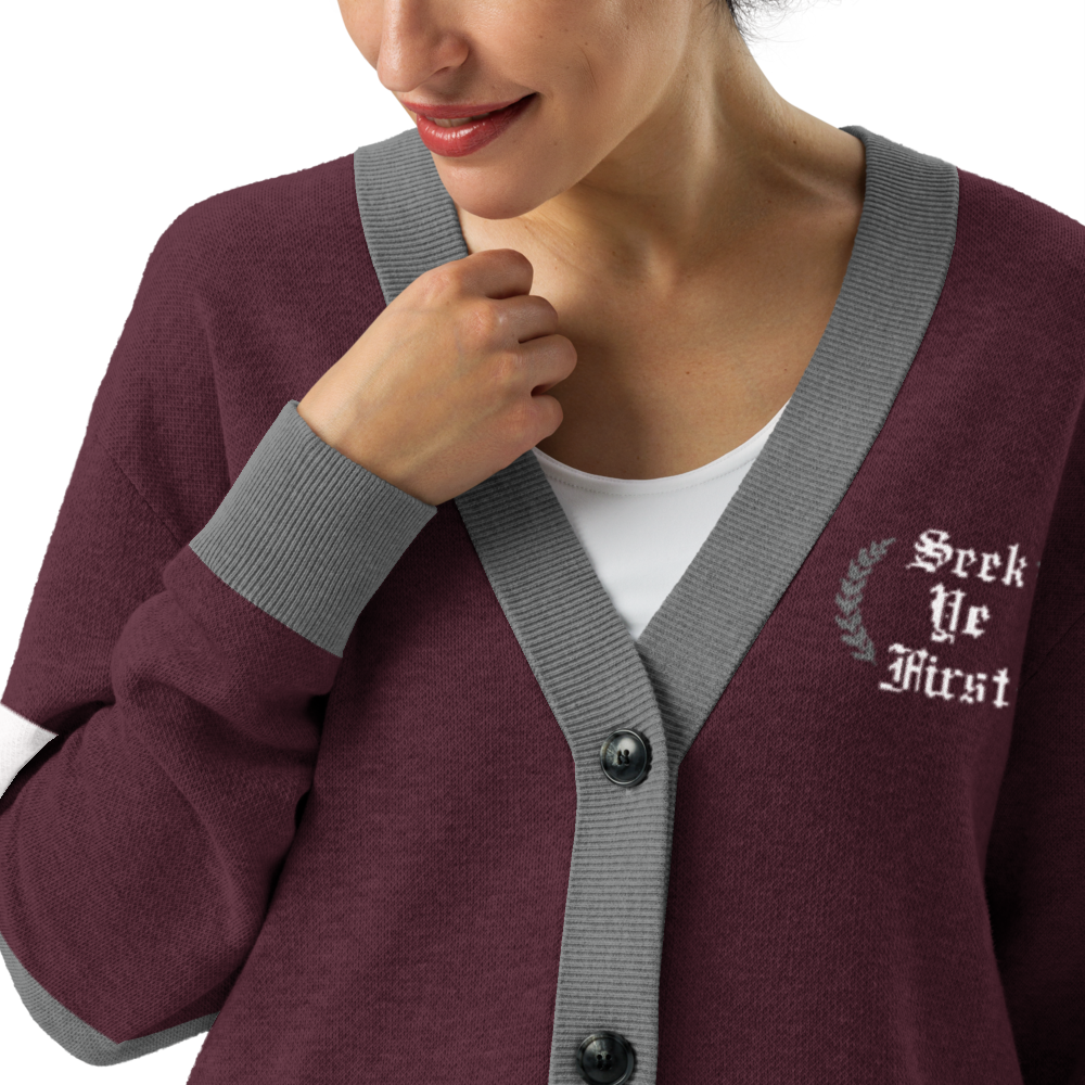 Old English Knitted Cardigan - Maroon and Grey