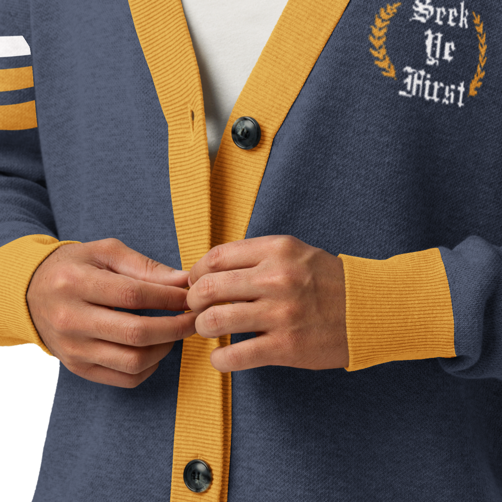 Old English Knitted Cardigan - Blue and Gold